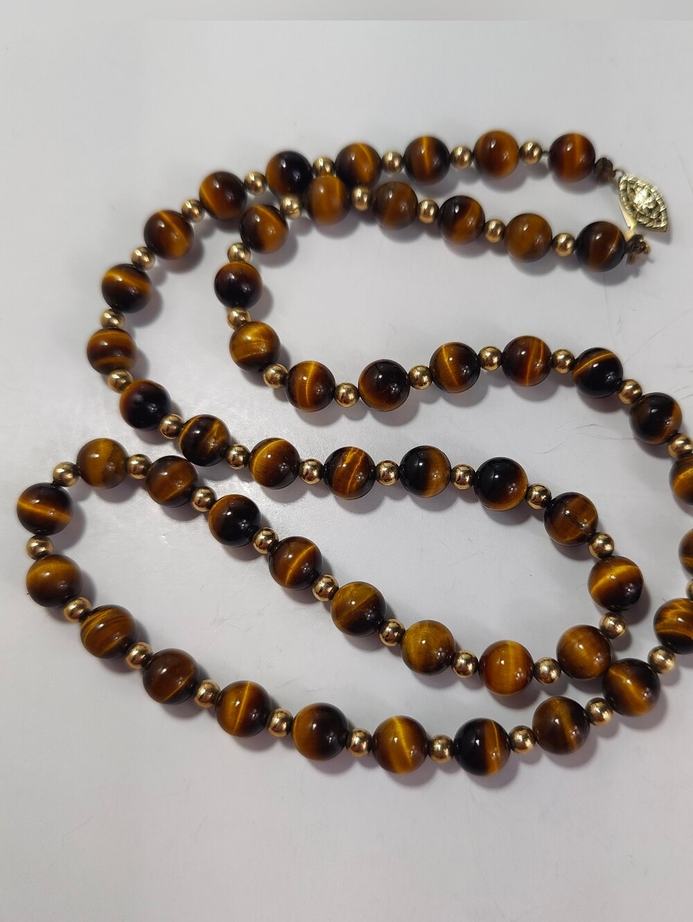 Vintage Tiger’s Eye Beaded Necklace 24” 14K Gold Filled Clasp Brown Gemstone
